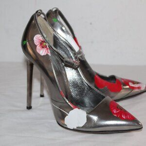 Oscar de la Rangoni Stiletto Renta Floral Pumps Heels Metallilc Ankle Strap 4040